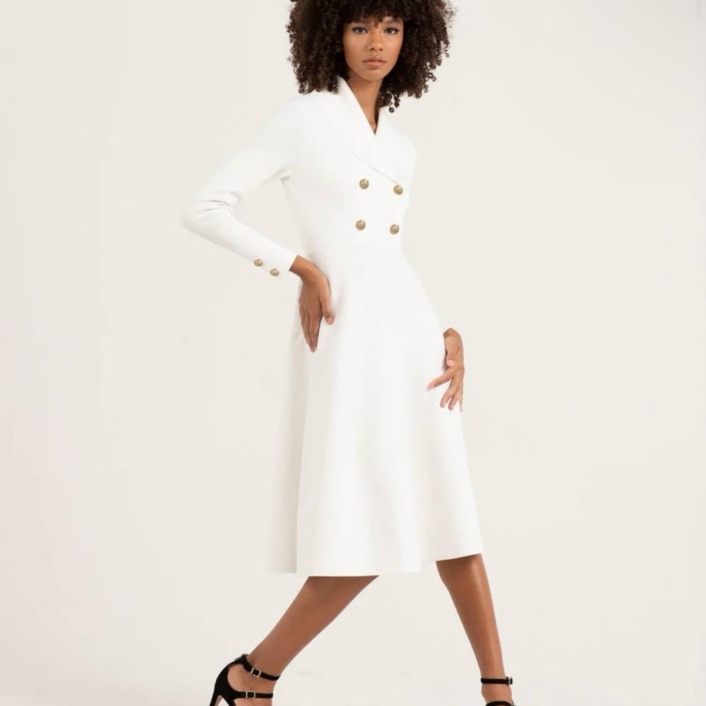 Aleeza Paris White Double-Breasted Long Sleeve Dress